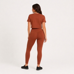 Women's Fitness <b>Crop</b> Shirt High Waist Leggings Set Spandex Breathable Skinny Fit Custom Workout Apparel OEM ODM Private Label - Product Image 2