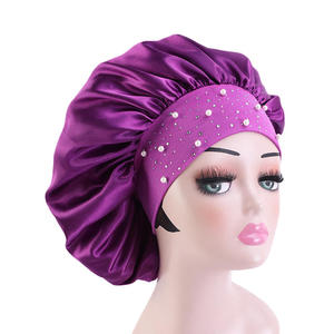 Women Solid Color Satin Bonnet Extra Beads Wide <b>Band</b> Adjustable Size Sleeping Hair Cap - Product Image 1