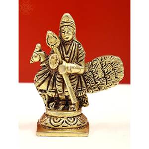Statue artisanale en laiton de 3 pouces du Seigneur Kartikeya avec paon, petite sculpture idole, fabriquée en Inde - Product Image 1