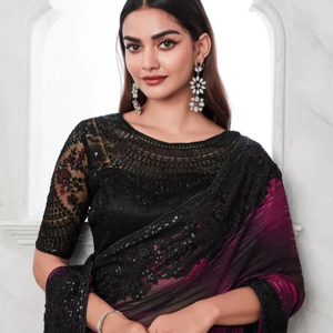 Sari de Fiesta Reversible de Georgette de Seda Adornado, Estilo Bollywood, Sin Arrugas - Product Image 1