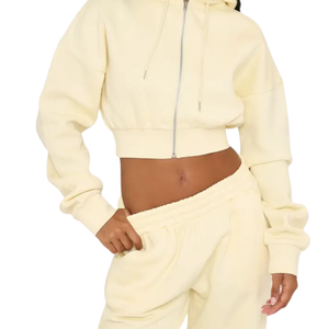 Conjunto de Sudadera Corta con Capucha y Pantalones Jogger para Mujer, Invierno, Color Sólido, Cintura Elástica, Estilo Casual, Dos Piezas - Product Image 5