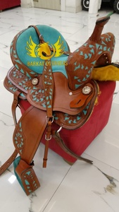 Custom Brown <b>leather</b> with turquoise inlay hand carved floral <b>tooling</b> Genuine <b>Leather</b> Western Horse Saddle Portable comfy seat - Product Image 3