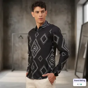Chemise décontractée d'été pour homme en 100 % coton noir à manches longues avec imprimé géométrique, col rabattu et boutons simples - Product Image 3