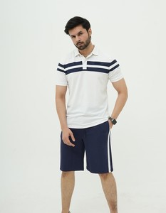 White Contrast Summer Formal 100% Cotton Breathable <b>Knitted</b> Short <b>Set</b> - Product Image 1