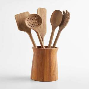 Ensemble d'ustensiles de cuisine écologiques en bois avec spatule, louche, cuillère à mélanger et cuillère de service pour la cuisine - Product Image 1