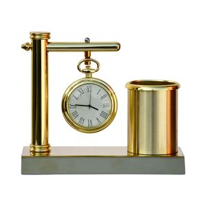 Horloge de bureau en laiton avec porte-stylo, design moderne, mouvement électronique, fonction snooze, affichage numérique, fonctionne à piles, finition dorée, chiffres romains - Product Image 1