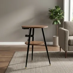 Modern Round Wood <b>Side</b> <b>Table</b> with Metal Legs and <b>Storage</b> Midcentury Design Living Room Furniture with charging socket - Product Image 6
