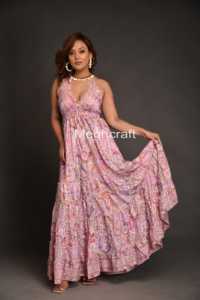 Printed Silk Maxi <b>Dress</b> for Women Boho Halter Neck Smocked Party <b>Dress</b> Eco friendly Wrinkle Free & Comfortable Maxi <b>Dress</b> - Product Image 5
