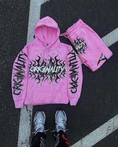 Ensemble sweat à capuche et pantalon de survêtement surdimensionné pour homme, style streetwear, imprimé DTF, coupe courte, délavé à l'acide, orné de strass - Product Image 4