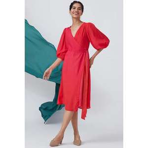 Robe mi-longue rouge pour femme, col en V, manches bouffantes, coupe trapèze, tenue décontractée pour soirée - Product Image 1