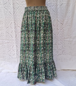 Botanical Block Print Cotton Womens Maxi <b>Skirt</b> Button Front Elastic Waist Ruffle Hem Green Floral <b>Boho</b> Handcrafted Full <b>Skirt</b> - Product Image 3