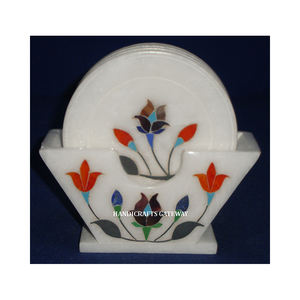 Magnifique ensemble de sous-verres en marbre fait main avec finition soignée et incrustation lisse en nacre bleue pour la décoration de la maison - Product Image 3