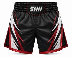 Shorts de Muay Thai personnalisés SHH Industries, noirs et rouges, pour hommes, en satin premium, pour la boxe, le kickboxing, les arts martiaux, l'entraînement et les combats, OEM - Product Image 1