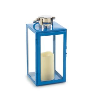 Lanterne rectangulaire en métal bleu avec panneaux en verre transparent et dessus argenté pour la décoration de la maison - Product Image 1