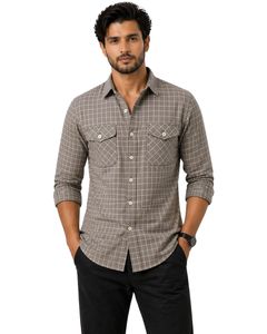 Camisa casual a cuadros en tono taupe y blanco para hombre, corte ajustado, manga larga, con botones, de algodón, elegante, de calidad premium. - Product Image 1