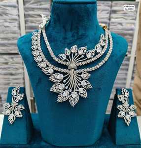 Elegant All-White Leaf Bouquet AD Accented <b>Statement</b> <b>Necklace</b> Set with Earrings Set For Women - Product Image 4