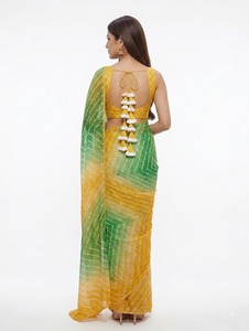Sari de Georgette con Estampado Digital Verde y Amarillo, Traje Tradicional de Boda para Mujer, Largo hasta el Suelo, Sin Arrugas, Corte Regular, Estilo Bollywood - Product Image 3