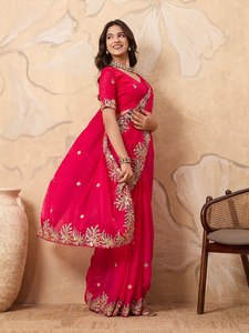 Indian Designer Soft Silk <b>Saree</b> With Beautiful Embroidery Work, Wedding Wear <b>Saree</b>, Designer Party Wear <b>Saree</b> - Product Image 3