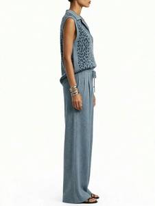Conjunto de 2 Piezas de Punto para Mujer, Top Polo sin Mangas con Estampado de Leopardo y Pantalones Anchos - Product Image 3