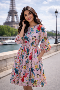 Pink Floral Carry Print Cotton Dress Dori Neck Long Length with Side Pockets Women Casual Hand Block Print Handmade Masterpiece - Product Image 4