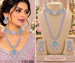 Ensemble de colliers élégants en pierre AD double couche, comprenant un collier ras-du-cou et un long collier en diamant américain brillant, avec boucles d'oreilles pendantes assorties, vente en gros - Product Image 2