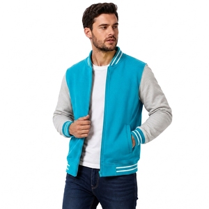 Blouson universitaire unisexe bleu à manches grises, fermeture à bouton unique, vêtement d'extérieur décontracté en polaire, respirant et coupe-vent, idéal pour l'hiver - Product Image 3