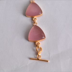 Bracelet en laiton plaqué or géométrique avec pierres de quartz rose, chaîne à maillons pour femmes, style classique, bijoux - Product Image 2