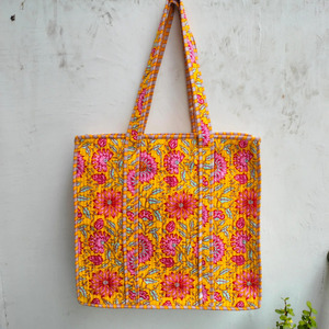 Jaipur Block Print Quilted High <b>Yellow</b> Cotton Tote <b>Bag</b> Handmade Traditional Floral Elegant Bohemian Shoulder <b>Bag</b> Zipper Pocket - Product Image 1