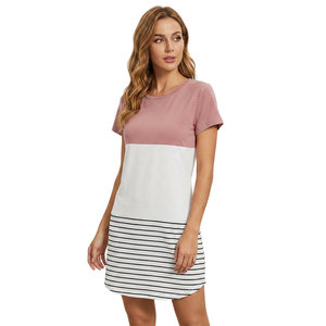 Vestido Camiseta de Manga Corta con Estampado de Rayas y Bloques de Color para Mujer, Corte Holgado, Cuello Redondo, Casual, de Longitud Media, Tejido, para Primavera/Verano - Product Image 4