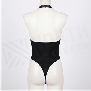 Women's Black Ribbed One-Piece Swimsuit <b>Crossed</b> Halter Deep V Neck Button Front Bodysuit Stretch Swimwear - Product Image 2