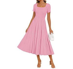 Pink Solid Knitted A-Line Midi Dress with <b>Square</b> Neck Short Sleeve High Waist Slim Fit Pleated Hem Casual Spring Dress - Product Image 6