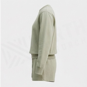Conjunto de 2 Piezas para Mujer, Sudadera y Pantalones Cortos de Punto, Color Sólido, Cuello Redondo, Manga Larga, Corte Holgado, Estilo Casual, Largo por Encima de la Rodilla - Product Image 3