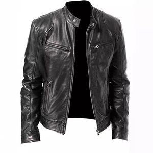 Veste en cuir noire pour homme, col montant, fermeture éclair, style motard, couleur unie, manches classiques, pour l'automne - Product Image 5