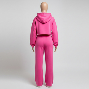 Custom Pink Crop Hoodie Sweatpants Set Womens Two Piece <b>Zip</b> <b>Up</b> <b>Cropped</b> Fleece Tracksuit High Waist Wide Leg Jogger Suit - Product Image 5