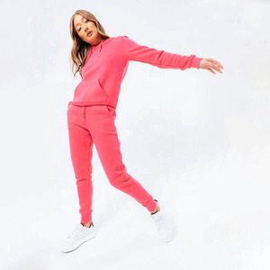 Conjunto Deportivo Rosa con Capucha para Mujer, Manga Larga, Color Sólido, Pantalones Casuales con Bolsillos Laterales, Cintura Elástica, Algodón de Peso Medio - Product Image 1