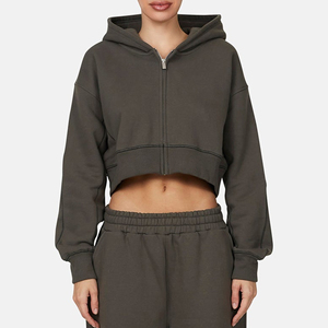 Sudadera Corta con Capucha para Mujer, Cierre de Cremallera, Color Sólido, Manga Larga, Tejida, Informal para Otoño - Product Image 4