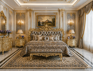 Ensemble de lit de luxe de style persan avec feuilles dorées sculptées, lit capitonné blanc baroque de luxe avec tables de chevet, acheter des meubles de chambre à coucher en ligne au Royaume-Uni - Product Image 4