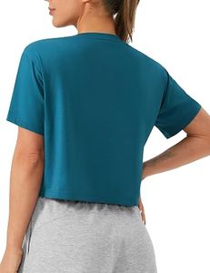 เสื้อยืดครอปแขนสั้นคอกลมสีพื้นสำหรับผู้หญิง ขายส่ง เนื้อผ้าถักระบายอากาศ สวมใส่สบาย สีฟ้าอมเขียว - Product Image 2