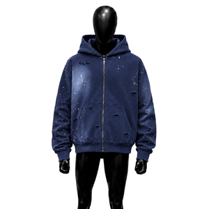 Sudadera con capucha vintage azul marino desgastada con cremallera, estilo urbano oversize, de tejido grueso, con efecto descolorido, estilo grunge, rasgada, con salpicaduras de pintura, unisex, French Terry - Product Image 1