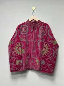 Boho Purple <b>Velvet</b> Suzani <b>Jacket</b> with Floral Embroidery Full Sleeve Stand Collar <b>Women's</b> Winter Outerwear - Product Image 1