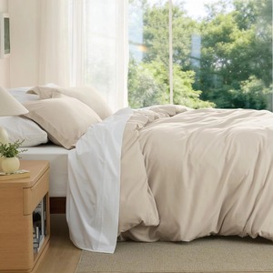 Ensemble de housse de couette en coton 100% uni, couleur unie, 400TC, literie tissée, décoration de la maison, 3 pièces, beige et blanc - Product Image 1