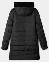 Veste matelassée noire pour femme avec capuche en fausse fourrure, manteau d'hiver chaud avec fermeture éclair et poches latérales