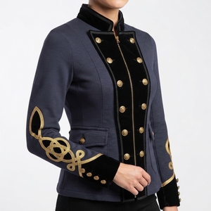 Veste de cérémonie pour femme, style hussard, bleu marine et or, tressée, avec garniture en velours noir, ajustée, style napoléonien - Product Image 4