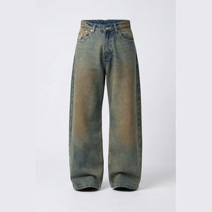 Jean en denim délavé coupe droite taille haute pour homme, en coton, coupe classique, style décontracté automne, avec fermetures éclair tissées - Product Image 1