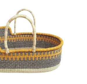 Distinct yellow and dark multi-stripe pattern seagrass <b>changing</b> <b>basket</b> together with rattan <b>changing</b> kid <b>basket</b> and light handle - Product Image 2
