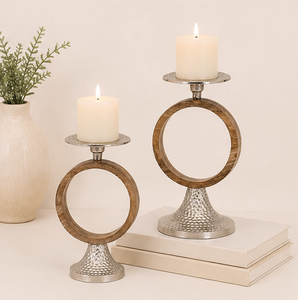 Luxury Handcrafted Pillar Candle Holder Set With Hammered Metal Base and Decorative Wooden Ring Modern Geometric Candle <b>Stand</b> - Product Image 6