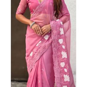 Sari de Seda Pura Chanda Kora para Mujer de Elite Weaves, Largo, con Bordado Floral, Apliques y Ribete de Bordado a Mano - Product Image 2