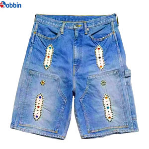 Pantalones Cortos Casuales de Verano para Hombre, Estilo Retro Hip Hop, Personalizados, Decorados con Pedrería, Tela Vaquera Lavada, Diseño Cargo - Product Image 5