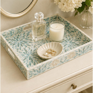 Plateau rectangulaire en bois fait main avec incrustation de nacre et mosaïque florale, pour table basse, ottoman, décoration, OEM personnalisé - Product Image 4