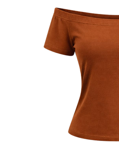 Camiseta de Mujer Color Naranja Quemado, Hombros Descubiertos, Manga Corta, Corte Ajustado, Informal, Verano, Algodón Suave, Fabricante OEM Personalizado - Product Image 3